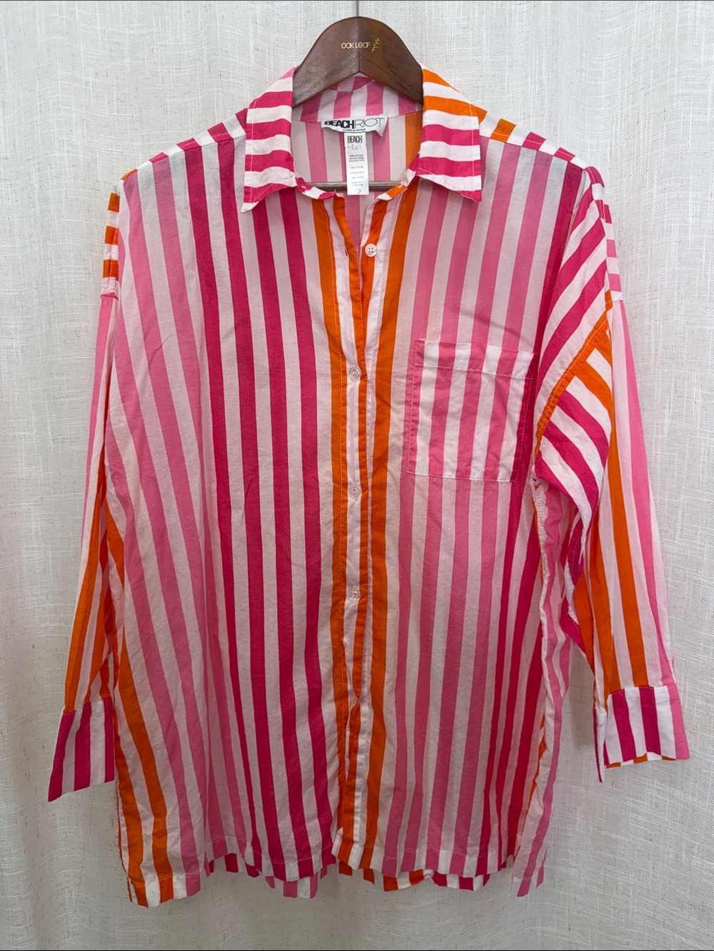 Beach Riot Pink & Orange Vertical Stripe Button-Down Swimsuit Cover-Up Shirt
